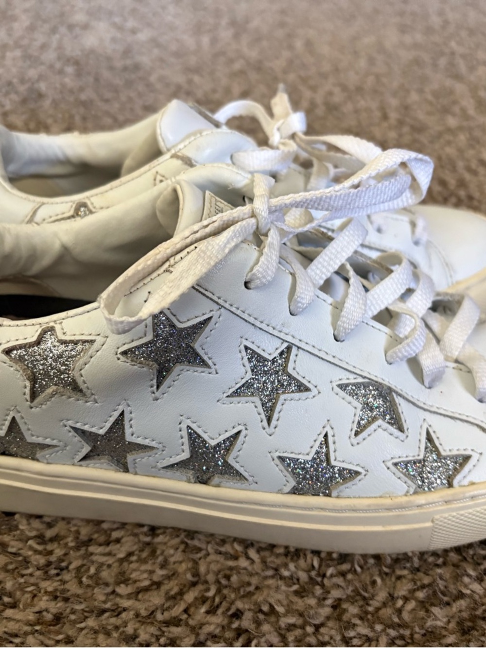 White Star Accent Sneakers with Silver Glitter Stars